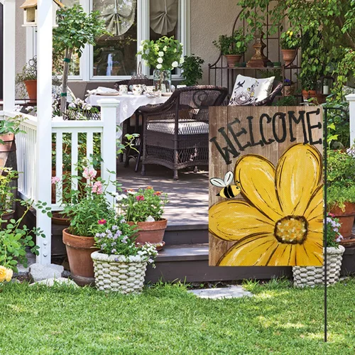 Miniatura 3 de AVOIN colorlife Bandera de jardín de primavera y verano de 12 x 18 pulgadas de doble cara exterior, bandera de grano de madera de bienvenida