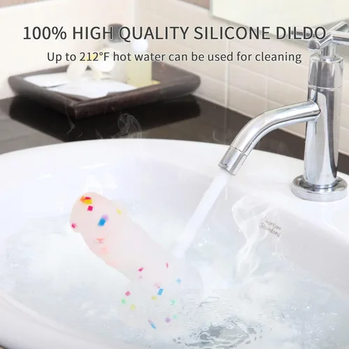 Miniatura 5 de Consolador de silicona transparente de 8.2 pulgadas con forma de confeti y base de succión acampanada para uso con manos libres, consolador flexible