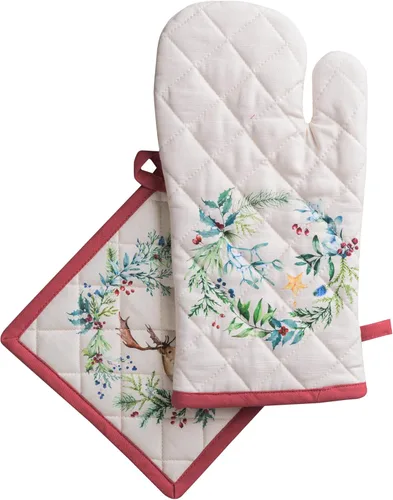 Maison d' Hermine - Juego de guantes de cocina (7.5 x 13 pulgadas) y agarradera (8 x 8 pulgadas) Holly Time, 100 % algodón, manoplas de horno para