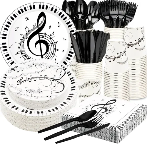 Serve25 - Juego de vajilla de 175 piezas de notas musicales para fiestas, platos de papel, servilletas, tazas, cuchillos, tenedores, cucharas para