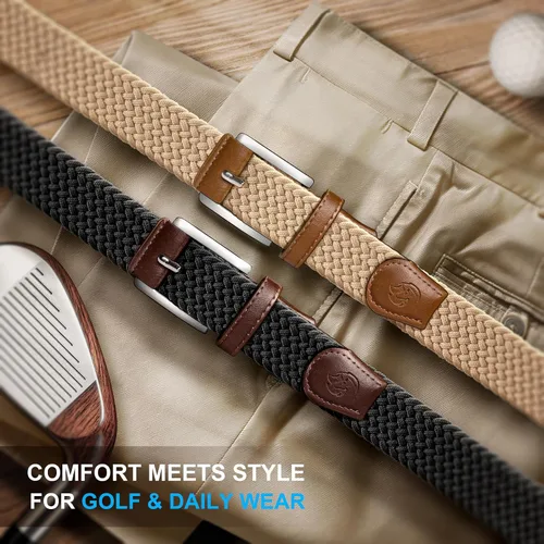 Miniatura 3 de Cinturón de golf para hombre, 2 unidades, cinturón elástico trenzado de 1 3/8 pulgadas, en caja de regalo para jeans casuales, deportes y trabajo