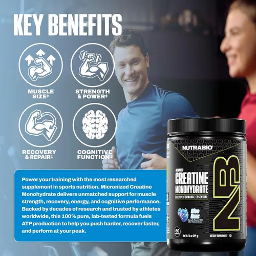 Miniatura 4 de NutraBio Suplemento en polvo de monohidrato de creatina micronizada pura, Blue Razz (10.58 oz) – Apoya la energía muscular a granel, la recuperación