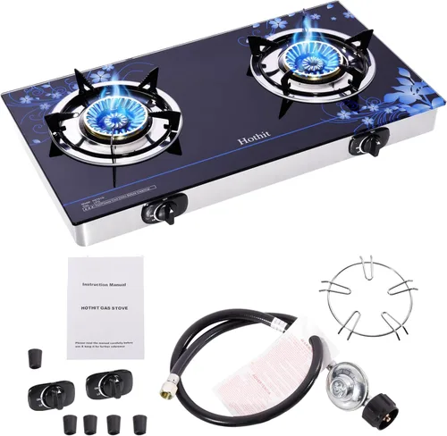 Hothit Estufa de gas de 2 quemadores de propano al aire libre, 28600 BTU, encendido automático portátil GLP vidrio templado para camping, barbacoa