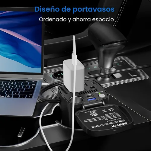 Miniatura 6 de BESTEK Inversor de corriente de 200 W, adaptador de toma de corriente de enchufe de coche de 12 V CC a 110 V CA con [USB-C de 30 W]/cargador rápido
