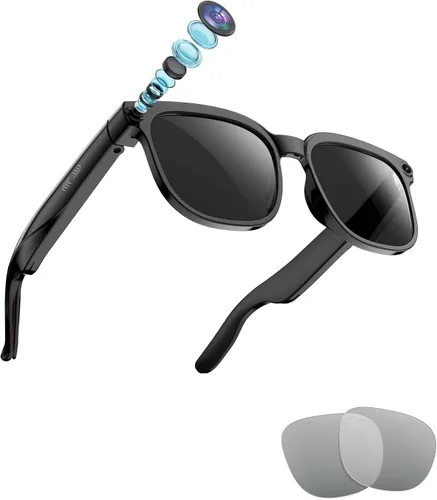 Lentes de cámara inteligente AI, video HD de 1080P + foto de 8 MP, música y llamadas de oído abierto Bluetooth, lentes de sol intercambiables/lentes