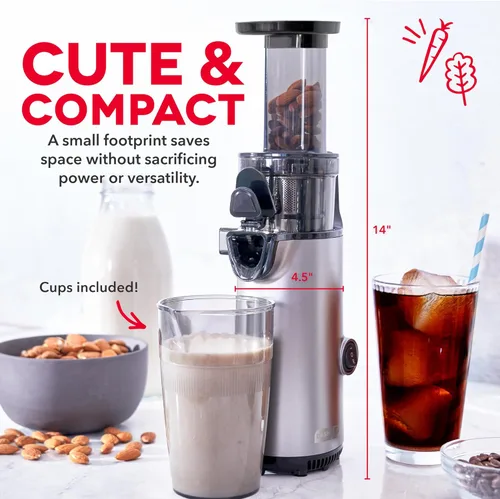 Miniatura 8 de DASH Exprimidor Lento Masticador Compacto Deluxe, Exprimidor de Prensa en Frío Fácil de Limpiar con Cepillo, Taza Medidora de Pulpa, Accesorio