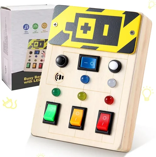 Asweets Tablero Ocupado Montessori para Niños Pequeños, Tablero Ocupado de Madera con Interruptores LED, Juguetes Sensoriales para Autismo, Juguetes