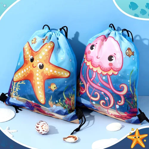 Miniatura 4 de Frienda 24 bolsas con cordón para recuerdos de fiesta oceánica, bolsas de dulces, mochila bajo el mar con criaturas para niños, suministros