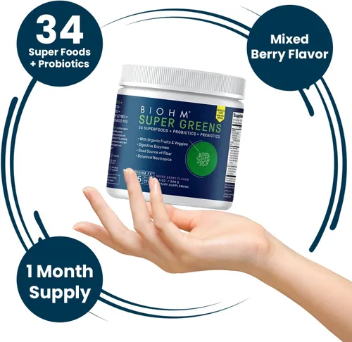 Miniatura 5 de BIOHM Super Greens, polvo de superalimento verde (8.5 onzas, 30 porciones) antioxidante en polvo vegetal y mezcla de batidos, 34 superalimentos