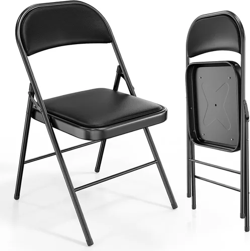 Miniatura 10 de VINGLI 1 paquete de sillas plegables con asientos acolchados, estructura metálica con asiento y respaldo de cuero sintético, capacidad de 350 Negro