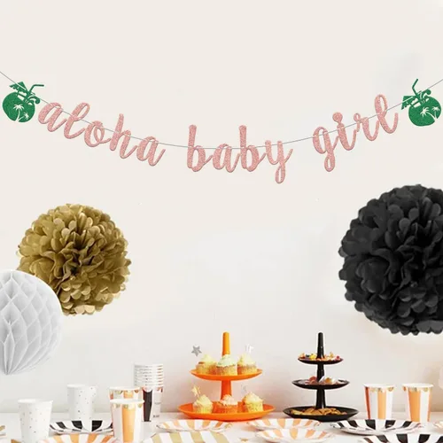 Miniatura 6 de Banner de Aloha con purpurina de oro rosa para bebé, decoración de fiesta de baby shower, temática tropical, decoración de revelación de género