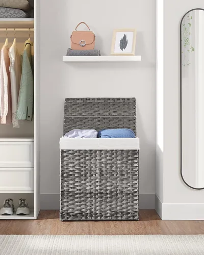 Miniatura 9 de SONGMICS Cesta de lavandería con tapa, cesta de ropa de 110 litros con 2 bolsas de forro extraíbles, 6 bolsas de malla, canasta de mimbre para Gris