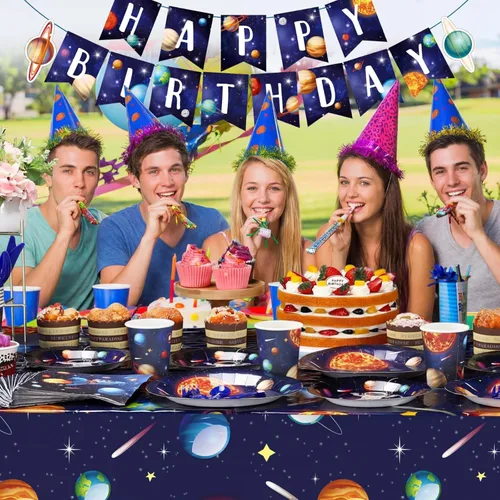 Miniatura 6 de Suministros para fiesta de cumpleaños del espacio exterior, juego de vajilla para fiesta espacial, sirve para 24, pancarta de feliz cumpleaños
