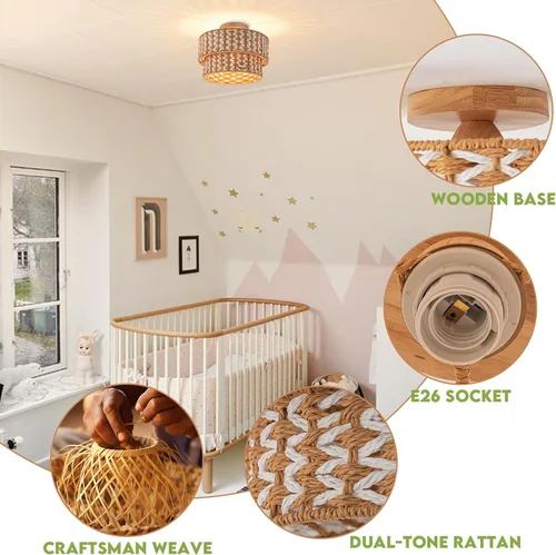 Miniatura 6 de Lámparas de Techo Bohemias de Ratán de 2 Niveles Pantalla de Lámpara de Tambor Tejida a Mano Lámpara de Techo Empotrada Dosel de Madera Candelabro