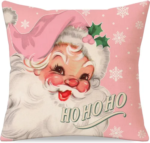 Funda de almohada de Navidad 18x18 pulgadas, funda de cojín vintage con diseño de copo de nieve y Papá Noel en color rosa suave, decoración de