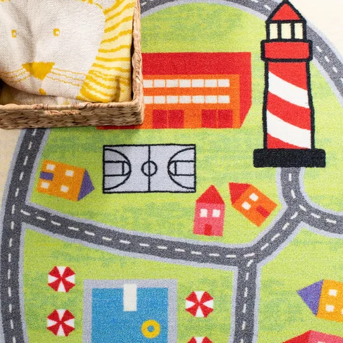 Miniatura 6 de SAFAVIEH Alfombra lavable para niños, colección de casas de juegos, 3 pies 3 pulgadas x 5 pies 3 pulgadas, azul y verde, antideslizante y fácil
