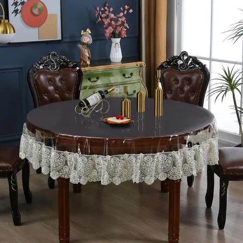 Miniatura 7 de Mantel rectangular de plástico transparente de vinilo impermeable, borde de encaje bordado, mantel transparente para comedor, cocina al aire libre