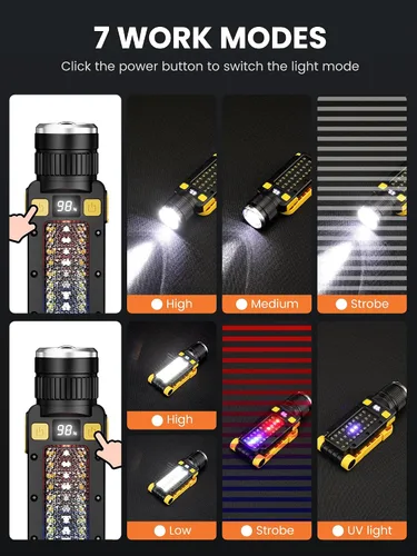 Miniatura 2 de Luz de trabajo magnética LED recargable, luces de trabajo portátiles, 7 modos de linterna con gancho giratorio de 360° y mosquetón, carga USB