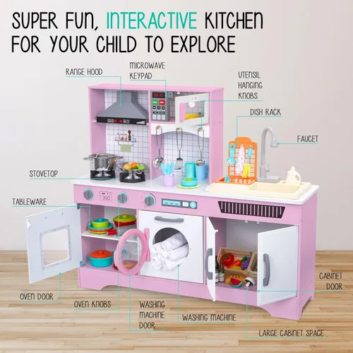 Miniatura 2 de Lil' Jumbl Cocina de madera para niños con fregadero de agua corriente real, juego de cocina interactivo con microondas, estufa, luces y sonidos Rosa