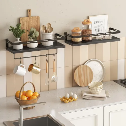 Miniatura 4 de YGEOMER - Estantes flotantes para organizador de baño sobre inodoro, estantes de baño montados en la pared con toallero, estante de pared