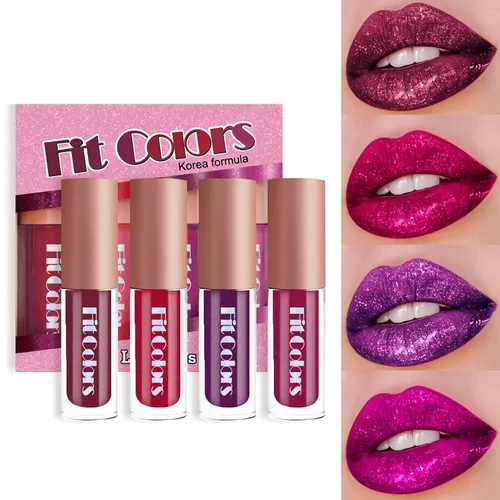 SUMEITANG - Juego de lápices labiales con purpurina líquida de 4 colores, brillantes de diamante, tonos brillantes populares, acabado mate a