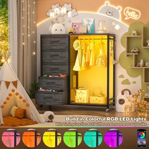 Miniatura 5 de Cyclysio Cómoda con estante para colgar, 5 cajones de tela con perchero, cómoda de almacenamiento superior de madera con estación de carga y luces