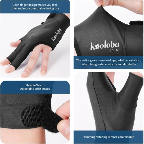 Miniatura 4 de Guante de piscina para mano izquierda, guante de billar de 3 dedos y billar para hombres y mujeres con velcro ajustable