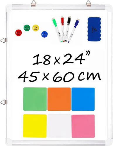 Juego de pizarras blancas de 24 x 18 pulgadas con 1 borrador magnético, 4 marcadores de limpieza en seco, 4 imanes y 6 etiquetas magnéticas,