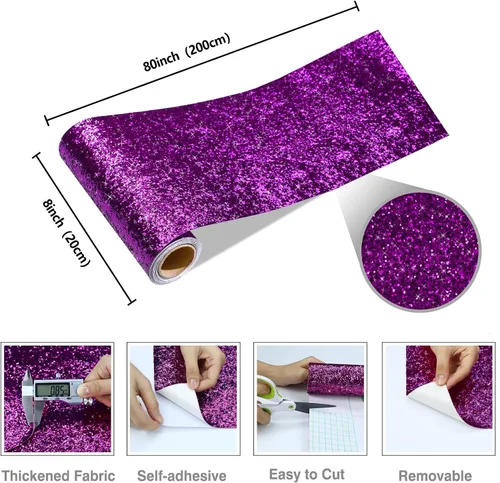 Miniatura 9 de CRE8TIVE Papel tapiz con purpurina gruesa de 8 x 80 pulgadas, para pegar y pelar, borde de papel tapiz morado texturizado extraíble, lentejuelas