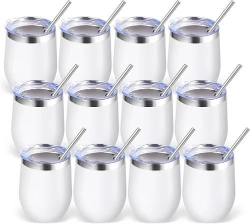 Miniatura 34 de Volhoply - Juego de 12 vasos de vino de 12 onzas con tapa, hechos de acero inoxidable con aislamiento al vacío de doble pared, vasos de vino sin Rosa