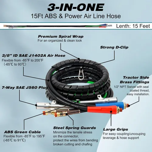 Miniatura 3 de KOOTANS Kit de línea de aire para camión semirremolque de 15 pies 3 en 1, cable eléctrico ABS de 7 vías y mangueras de freno de aire con Glad Hands