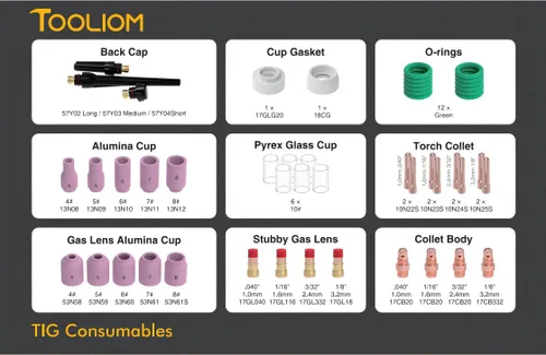 Miniatura 8 de TOOLIOM Kit de 49 piezas de accesorios para antorcha de soldadura TIG, lente de gas gruesa, copa de vidrio, copa de cerámica, kit de tapa trasera