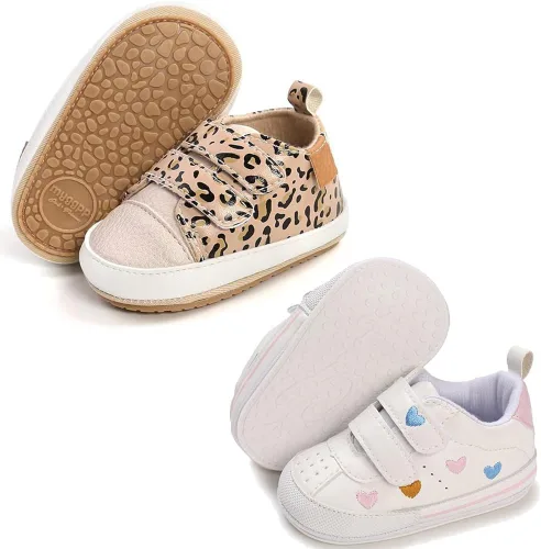 eitwo 2 pares de zapatos de bebé, para niños y niñas, suela de goma antideslizante, unisex, suaves y ligeros, zapatos de cuna para primeros pasos