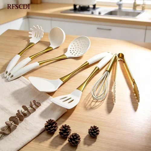 Miniatura 2 de Elegante juego de utensilios de cocina de silicona de oro blanco, no tóxicos, aptos para lavavajillas, con asas cómodas resistentes al calor