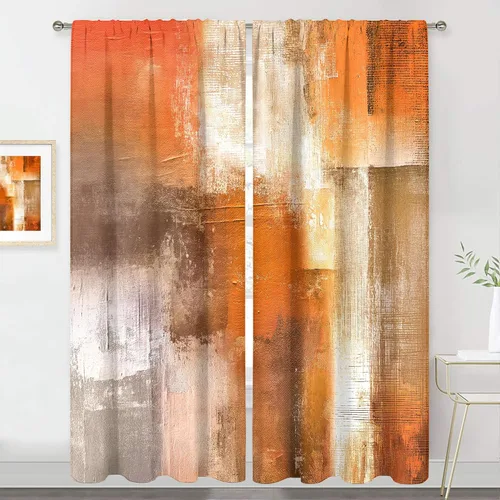 Miniatura 26 de MESHELLY Cortinas Rojas Abstractas 42Wx63H Pulgadas Bolsillo para Varilla Bloques Rústicos Borgoña Marrón Pintura al Óleo Casa de Campo Dormitorio