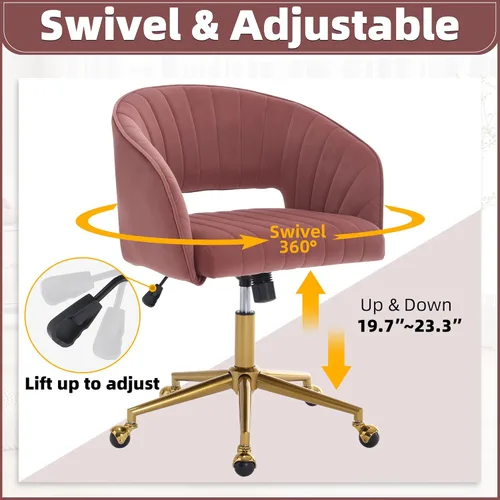 Miniatura 3 de ABET Silla de escritorio con ruedas, silla de oficina en casa de terciopelo, silla giratoria con base dorada, sillas acentuadas modernas tapizadas