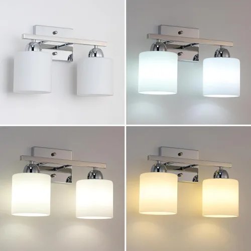 Miniatura 4 de Mecgirn Luces de tocador de vidrio de leche de acero inoxidable para baño, 2 lámparas cromadas de baño sobre espejo, enchufes E26 de cerámica Cromo