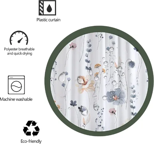 Miniatura 3 de Juego de cortinas de ducha – Cortina de baño floral con flores azules y beige, cortina de ducha para baño, juego de cortina de ducha de tela