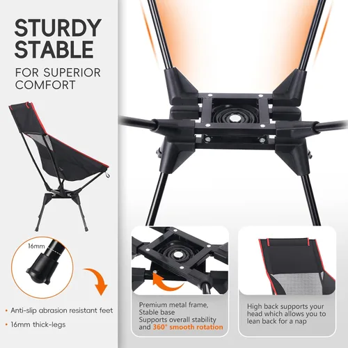 Miniatura 4 de Silla de camping de respaldo alto, silla plegable giratoria con soporte para la cabeza, bolsillo lateral para tazas, rotación flexible de 360°