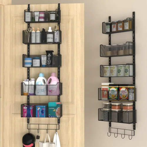 VyGrow Organizador de puerta para colgar sobre la puerta, organizador de puerta de metal con 5 cestas ajustables y gancho para abrigos, Negro