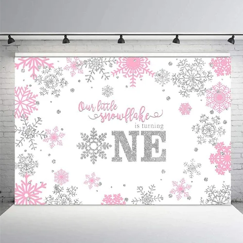MEHOFOND Telón de fondo de fotografía de invierno para niña, diseño de copo de nieve dulce y pequeño, feliz primer cumpleaños, rosa, plateado,