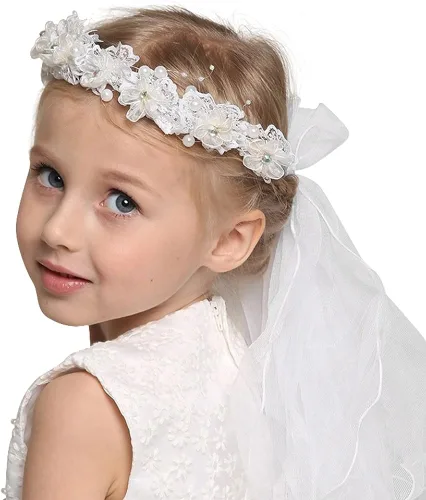 Miniatura 2 de Bienvenu Primera Comunión Flor Niña Arco Bordado Velo De Boda Dos Capas, Blanco