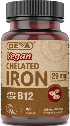 Deva Nutrition Hierro quelado vegano 29 mg fortificado con B-12 - Alta potencia, fácil de tragar - 90 tabletas, 1 paquete