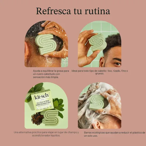 Miniatura 8 de Kitsch Tea Tree & Mint Clarifying Shampoo and Shave Bar, Champú anticaspa para hombres y mujeres, sin plástico, sin sulfato. Champú para el cabello