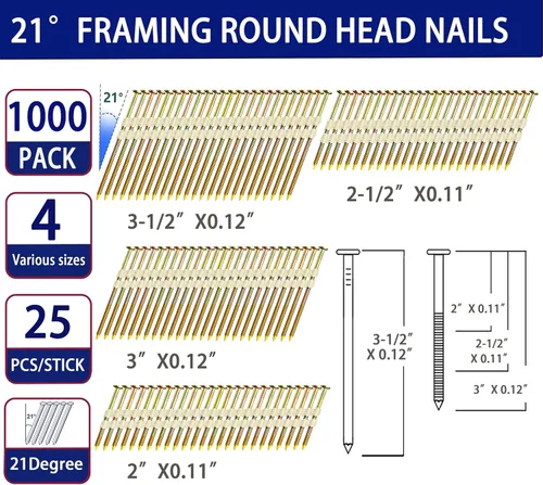 Miniatura 2 de HW HAMWOO Clavos para enmarcar, paquete de uñas de cabeza redonda de 21°, paquete de 500