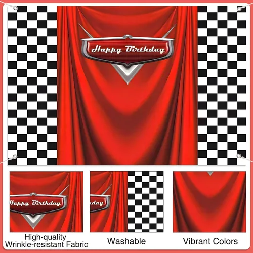 Miniatura 3 de Fondo de cumpleaños de coche con bandera de carreras, 5 x 3 pies, fondo de fotos de carreras a cuadros duradero para decoraciones de cumpleaños