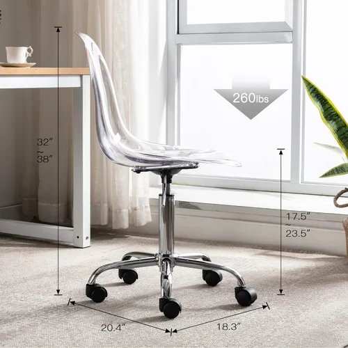 Miniatura 2 de Silla de escritorio de acrílico transparente, moderna, pequeña, bonita, silla de plástico rodante, silla de plástico con ruedas y altura ajustable