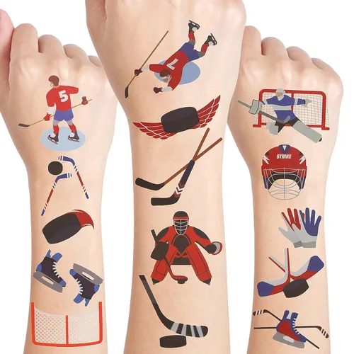 24 hojas de tatuajes temporales de hockey sobre hielo, decoraciones de cumpleaños, recuerdos de fiesta de hockey