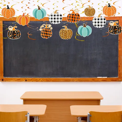Miniatura 6 de AnyDesign Kit de decoración de remolinos colgantes de calabaza, 36 piezas, serpentinas colgantes de otoño con adornos de cartón recortado