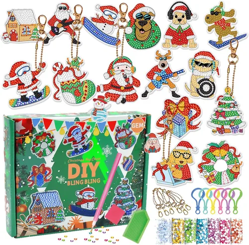 Miniatura 8 de CAYUDEN Llaveros de pintura artística de diamante, 15 piezas de llaveros de diamantes 5D para niños, llavero de pintura de diamante de sirena